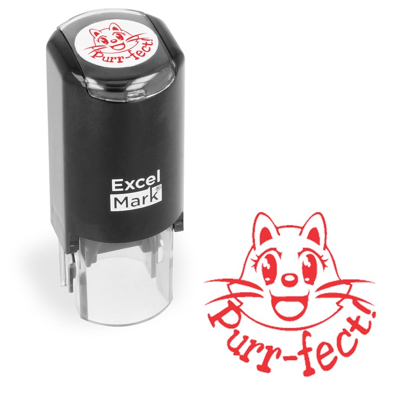 ExcelMark Round Teacher Stamp - Purr-FECT! - RED Ink - Image 1